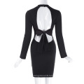 Grace Karin Sexy Womens Long Sleeve High Neck Hollowed Back Bodycon Spandex Black Pencil Dress CL010478-1